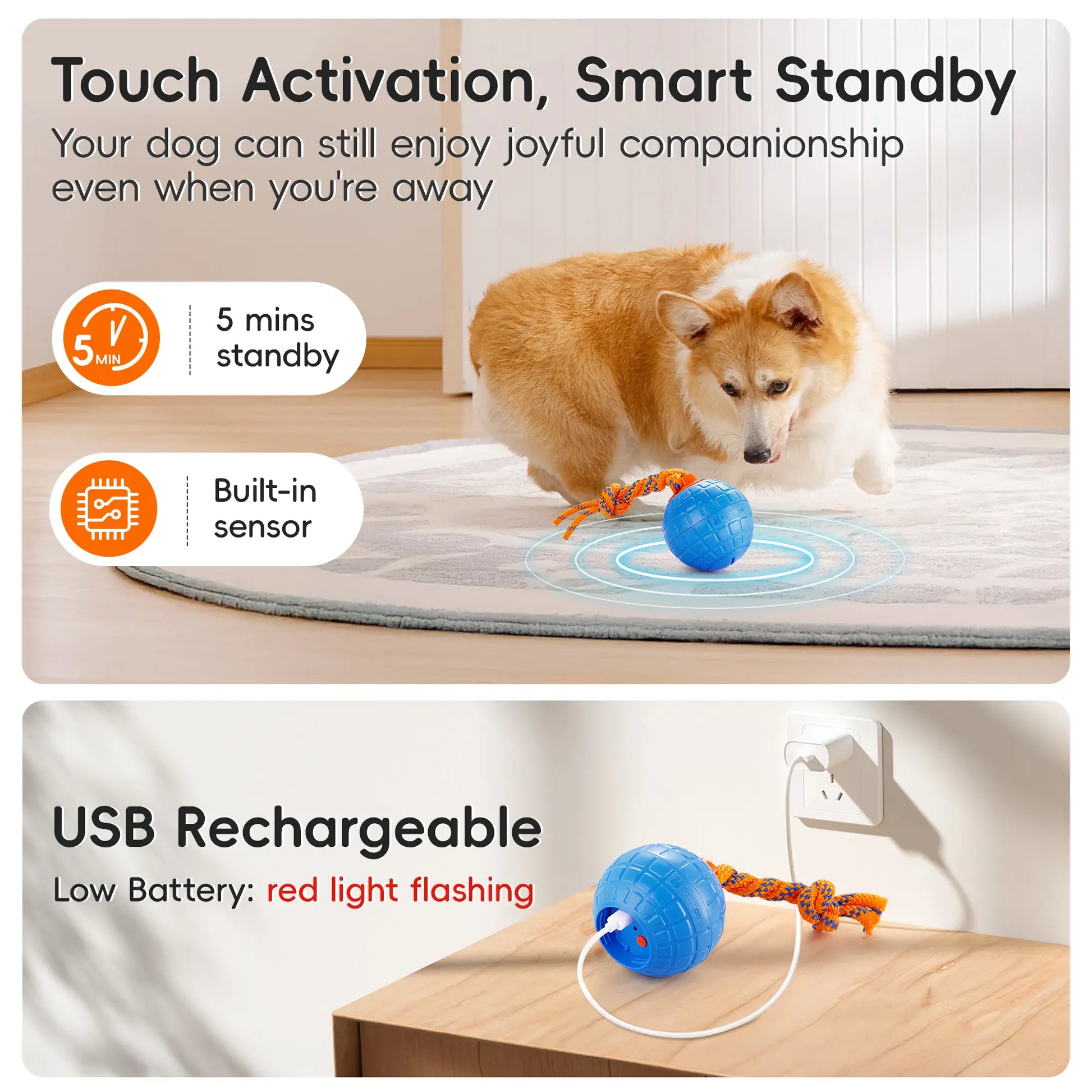 Potaroma Interactive Touch-Activated Dog Ball Toy with Rechargeable Animal Sounds and Durable Chewing Rope for Puppies - Blue