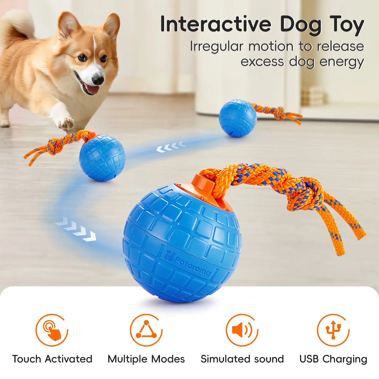 Potaroma Interactive Touch-Activated Dog Ball Toy with Rechargeable Animal Sounds and Durable Chewing Rope for Puppies - Blue
